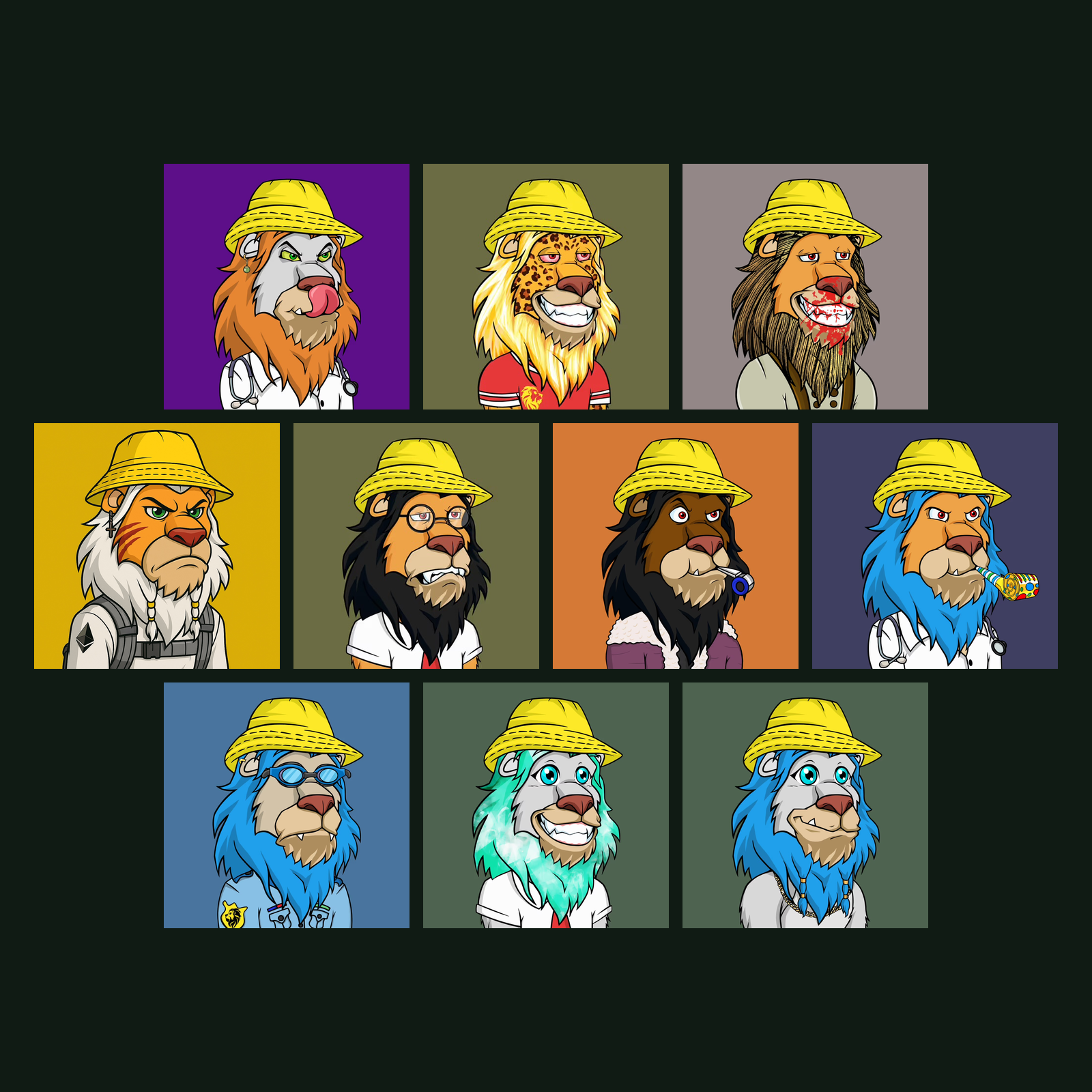 Collage of ten original Lazy Lions portraits wearing yellow bucket hats